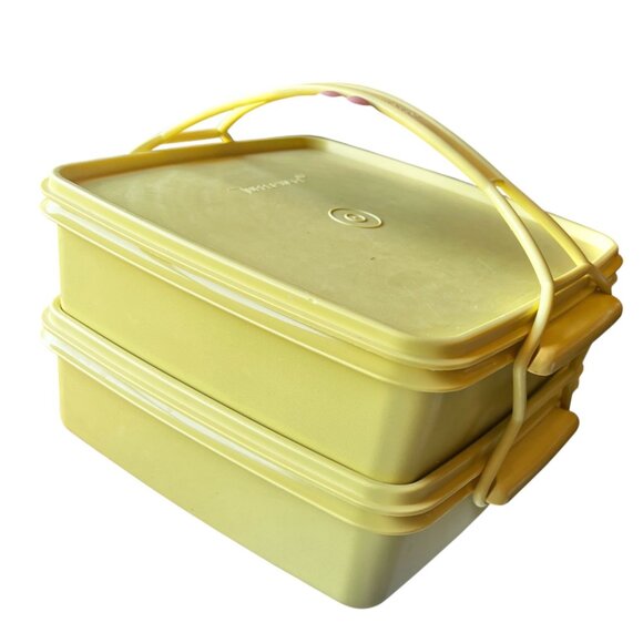Tupperware Portable Food Set With Insets & Handle - Yellow Plastic Containers - Picture 2 of 12